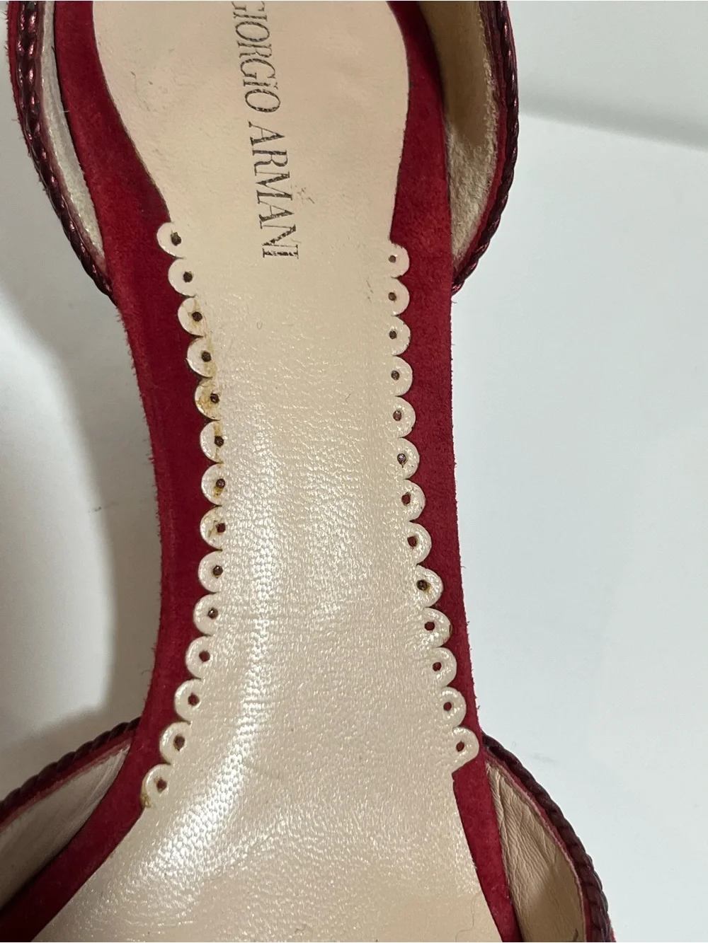 Giorgio Armani Red Suede Pointed Toe Heels Intricate Braided Detail US Size 9.5